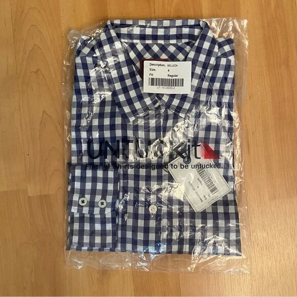 UNTUCKit Belleza women’s Blue Check Shirt NWT Size 4 - Picture 3 of 5